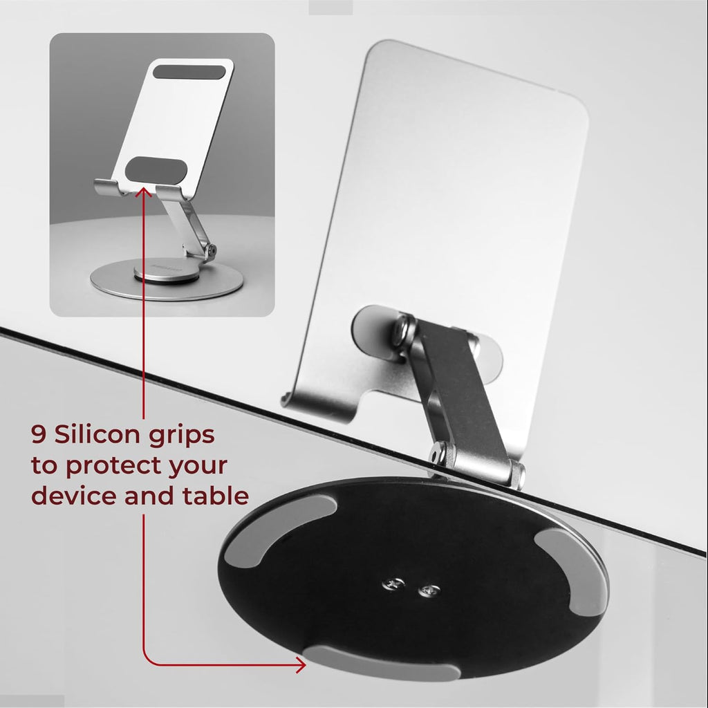 Aluminum 360 Rotatable Phone/Tablet Stand (Under 10inch) - MVPmini | Adjustable, Sturdy, and Versatile | Universal Compatibility | Hands-Free Viewing (Metallic Silver)