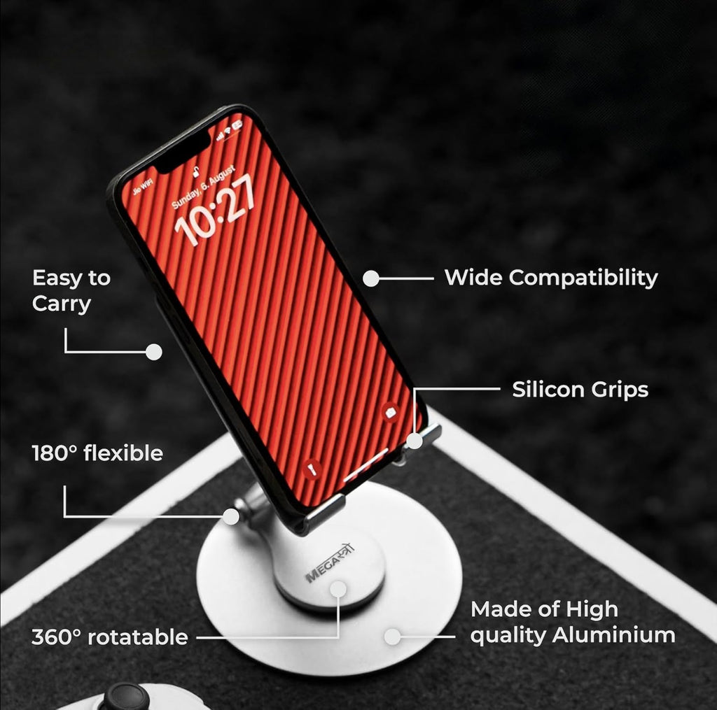 Aluminum 360 Rotatable Phone/Tablet Stand (Under 10inch) - MVPmini | Adjustable, Sturdy, and Versatile | Universal Compatibility | Hands-Free Viewing (Metallic Silver)