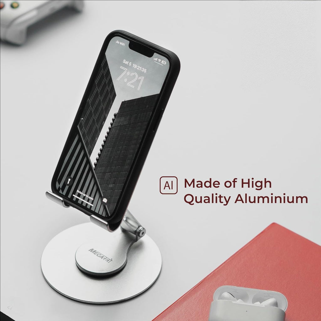 Aluminum 360 Rotatable Phone/Tablet Stand (Under 10inch) - MVPmini | Adjustable, Sturdy, and Versatile | Universal Compatibility | Hands-Free Viewing (Metallic Silver)