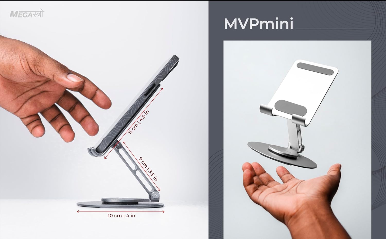 Aluminum 360 Rotatable Phone/Tablet Stand (Under 10inch) - MVPmini | Adjustable, Sturdy, and Versatile | Universal Compatibility | Hands-Free Viewing (Metallic Silver)