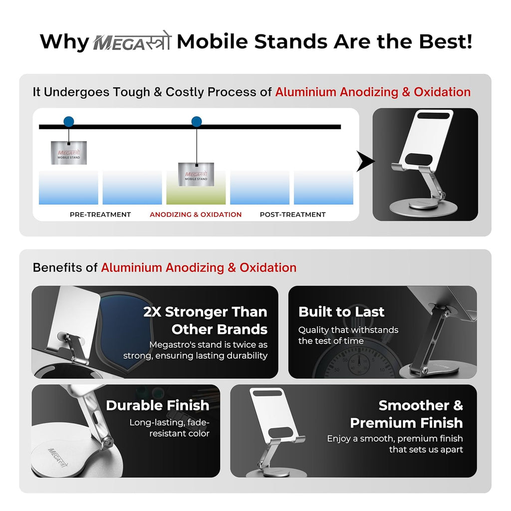 Aluminum 360 Rotatable Phone/Tablet Stand (Under 10inch) - MVPmini | Adjustable, Sturdy, and Versatile | Universal Compatibility | Hands-Free Viewing (Metallic Silver)